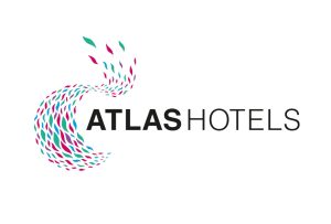 A school of fish in a variety of bright colours around the words 'Atlas Hotels'