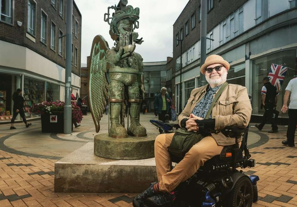 Calliper Boot Sculpture' Jason Wilsher-Mills 2024 -Photo: Benjamin Gilbert. Source: Commissioned by Wellcome Collection. Attribution-NonCommercial 4.0 International (CC BY-NC 4.0). Image 2: 'Amazonian Caiman God' Bronze Sculpture Wakefield 2023. Commissioned by Wakefield Council.