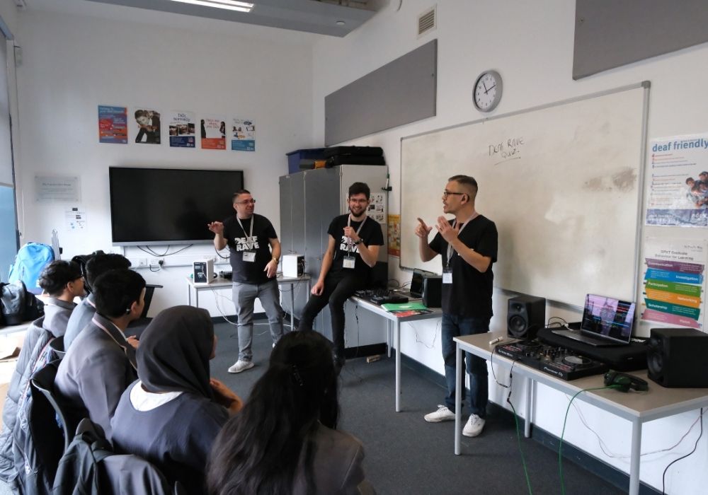 DJ workshop with 5 pupils from St Pauls Way school and 3 Deaf Rave tutors. Credit to Antony Fuller for the photo.